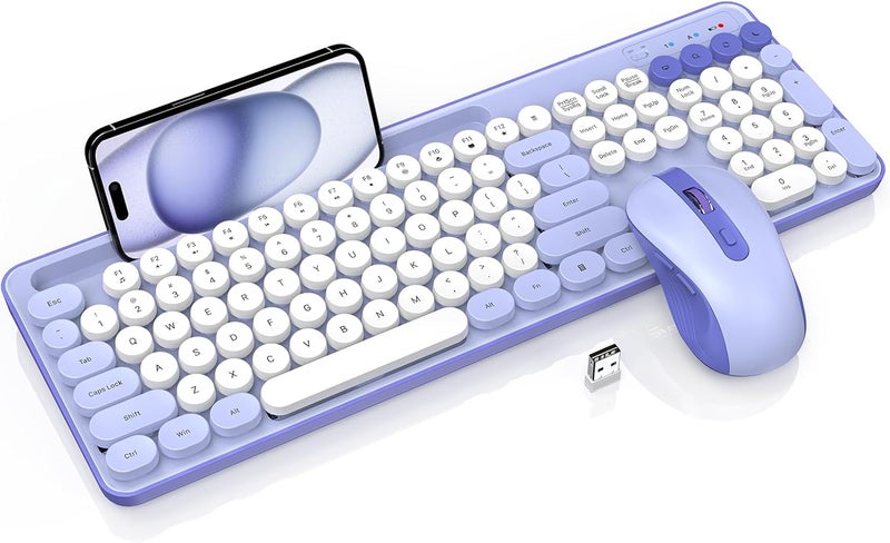 Trueque Wireless Keyboard and Mouse Combo, Retro Round Keycaps, Cute Full-Size Typewriter Keyboard with Phone Holder, Sleep Mode, Click Soft, 2.4GHz Cordless Connection for Windows/PC/Laptop - Image 1